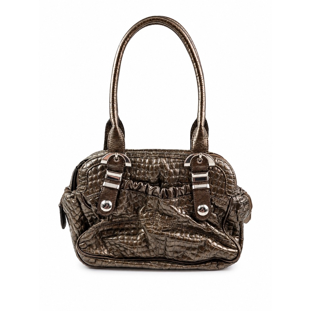 Kathy Van Zeeland Vintage Y2K Metallic Bronze Croc Embossed Shoulder Bag Purse
